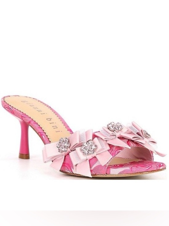 Gianni Bini Shoes - Gianni Bini Lele Floral Pink Satin Rhinestone Embellished Bow Heeled Sandals 9